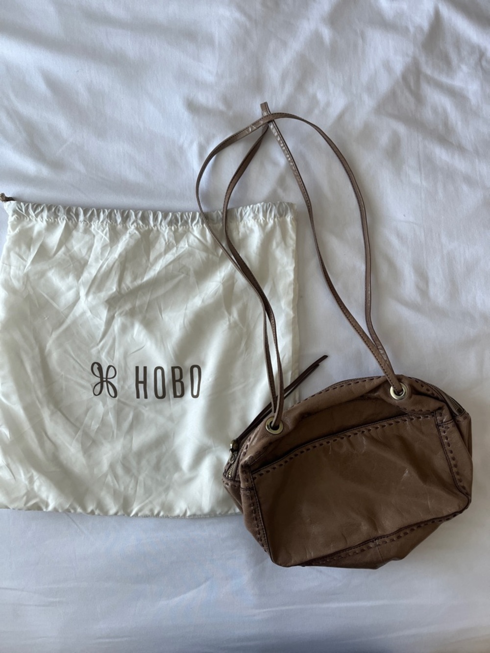 HOBO Brown Leather Hobo Crossbody with Drawstring Detail